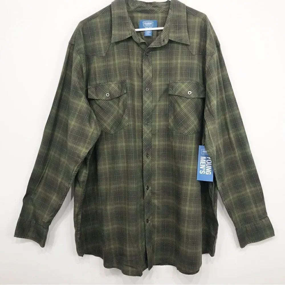The Foundry Supply Co Olive Green Plaid Button Up Pocket Chest Long Sleeve Shirt